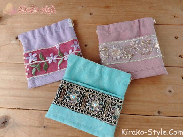 バネ口ポーチ 着物生地 リメイク インド刺?リボン
