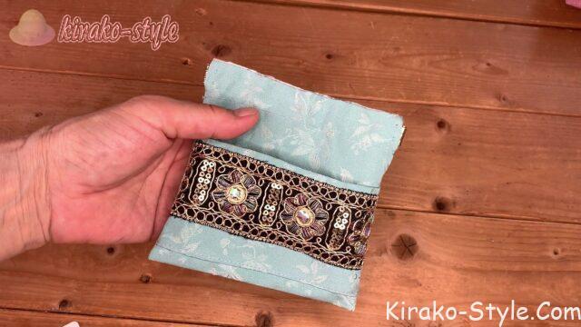 バネ口ポーチ　着物生地　リメイク　インド刺繡リボン