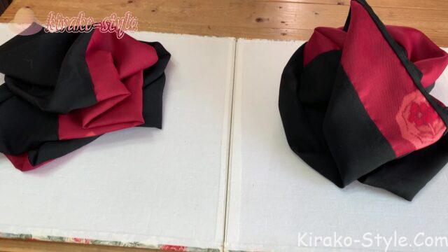 喪服の黒 茜色の羽織の紬 着物リメイク スヌード 3重巻き