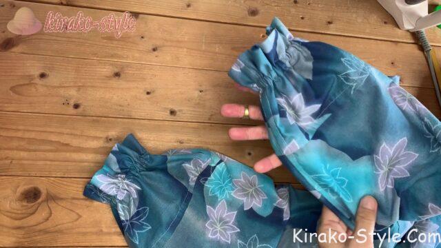 浴衣　リメイク　青モミジ　ガーデニング用　作業着　作務衣　キャンディースリーブ　立ち襟　くるみボタン　ループ