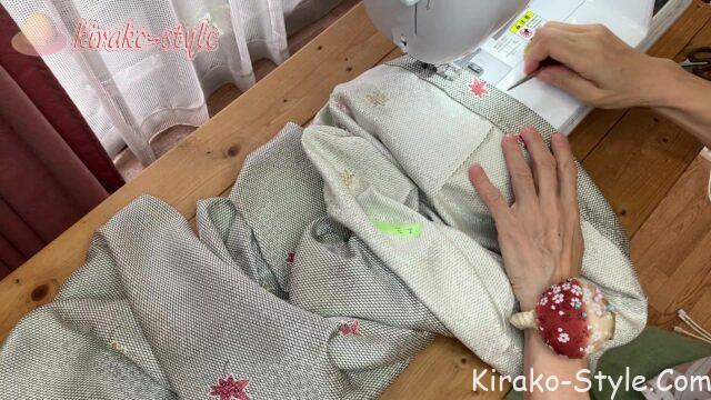 着物リメイク　斜め格子　紅葉　もみじ　ストレートワイドパンツ　