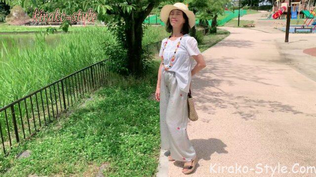 着物リメイク　斜め格子　紅葉　もみじ　ストレートワイドパンツ　