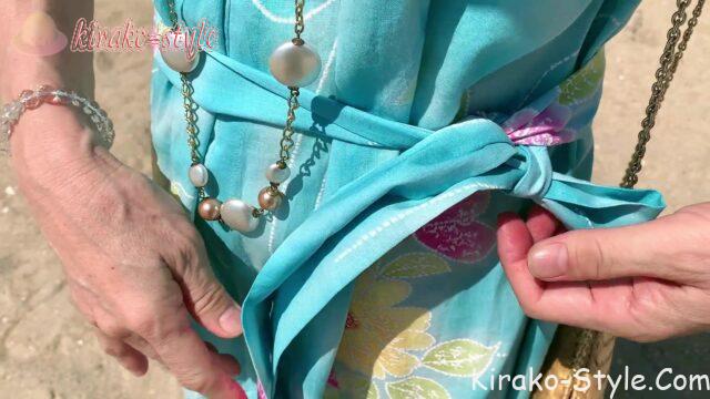 浴衣　リメイク　夏　ムームー　リゾートワンピース　Vネック　ロング丈　　肩ギャザー　4cm共布の腰ひも