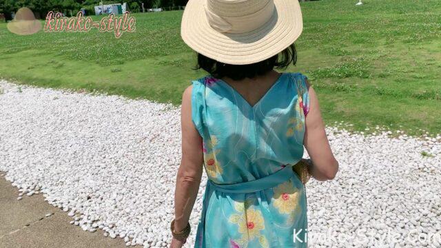 浴衣　リメイク　夏　ムームー　リゾートワンピース　Vネック　ロング丈　　肩ギャザー　4cm共布の腰ひも